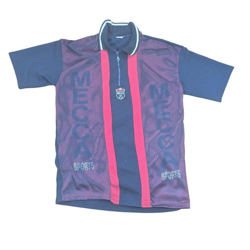 MECCA Sports Mens Large Polo T-Shirt Jersey Red Navy Mesh Logo Zip Collar USA